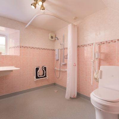 Wetroom with Height-adjustable basin, wheel-in shower and closomat toilet