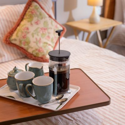 A bed tray set with coffee